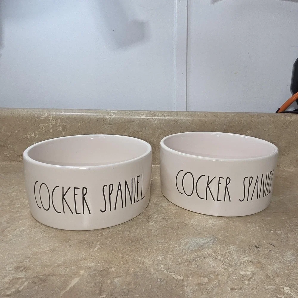 Rae Dunn Cocker Spaniel Pet Dog Bowls‎ Set Of 2 Stoneware White Dishwasher Safe